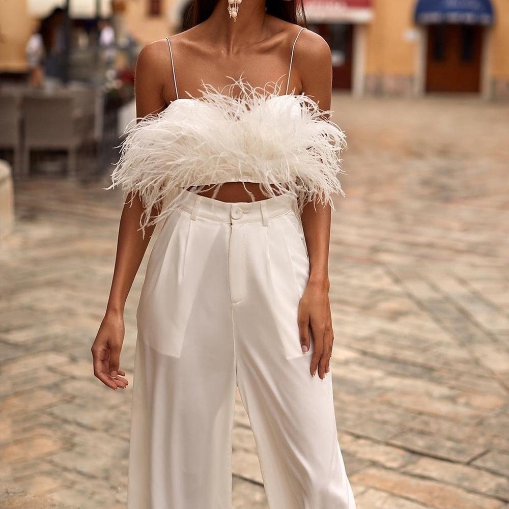 Alamour feather top with palazzo pants Hilma set